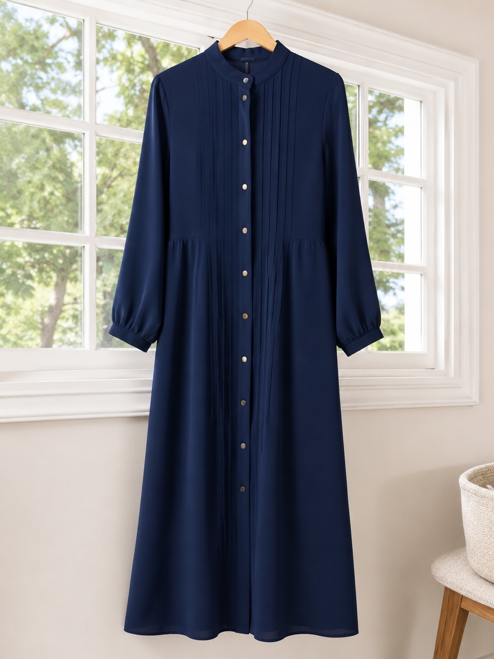 Classic Navy Button-Front Long Sleeve Dress